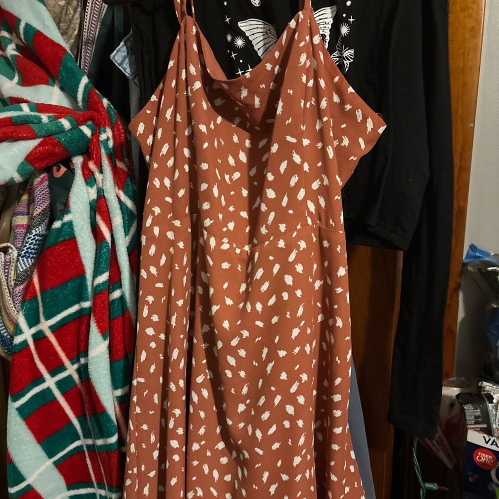Rust Spaghetti Strap Dress with White Print